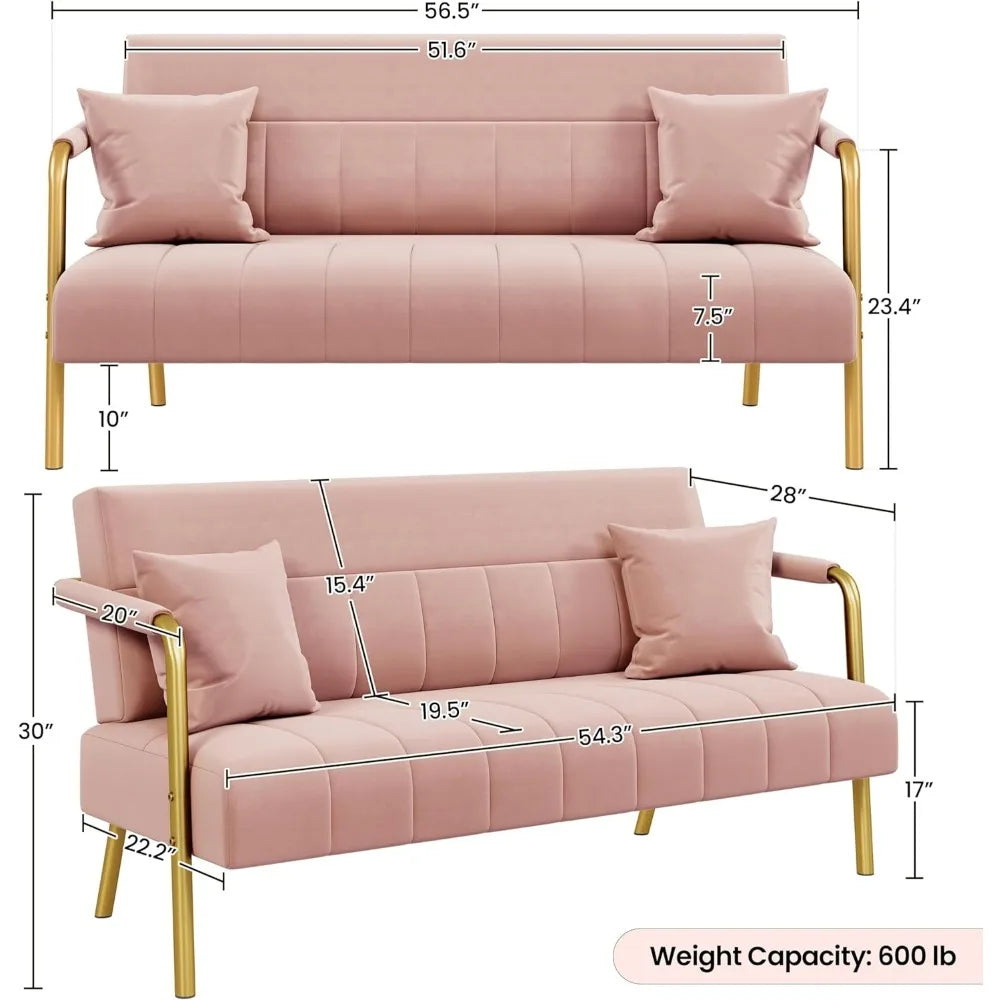 Canapé 2 places moderne de 56,6 po de largeur, canapé futon luxueux en tissu velours avec accoudoirs et pieds en métal doré