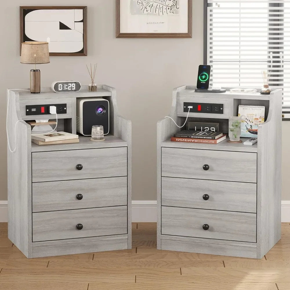 Night Stand Set 2, Nightstand with Charging Station & Hutch,Night Stands for Bedrooms Set of 2, Bedside Table with Drawers