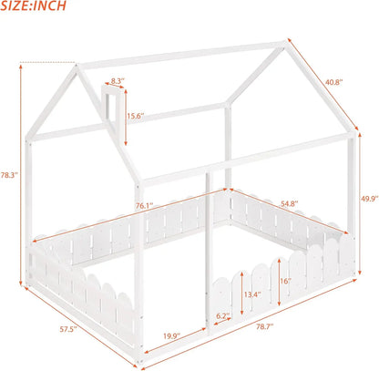 Lit de maison pleine grandeur pour enfants, lit Montessori pleine grandeur avec cadre de lit en bois en forme de clôture pour tout-petits, pour filles et garçons