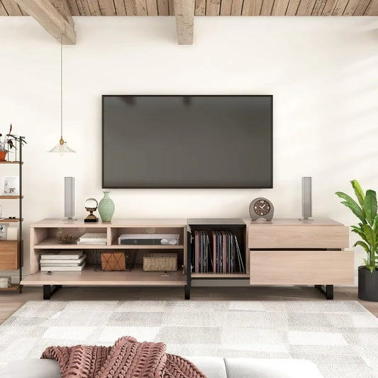 Meuble TV moderne avec 3 armoires et étagères ouvertes, centre de divertissement minimaliste en bois pour téléviseurs jusqu'à 80", console TV robuste