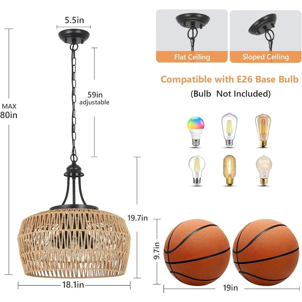 Large farmhouse chandelier for dining room, 5 lamp rattan bohemian chandelier with wicker shade for living room kitchen