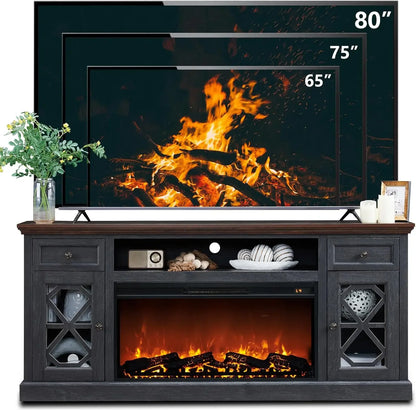 Farmhouse Fireplace TV Stand with 36" Electric Fireplace for 80 Inch TVs, 31" Tall Entertainment Center w/Drawer