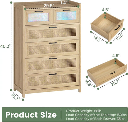 6 Drawer Dresser for Bedroom, Rattan Wood Dressers with Led Light, Tall Dressers & Chests of Drawers,  for Bedroom, Entryway