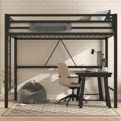 Estructura de cama alta para jóvenes y adultos, cama alta de metal de tamaño doble con barandilla de seguridad y escalera extraíble, ahorra espacio, sin ruido