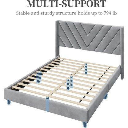 Bed Frame Upholstered Platform Bed with Wing Side/Wooden Slat Support/Tufted Headboard with Wing Side/Mattress Foundation