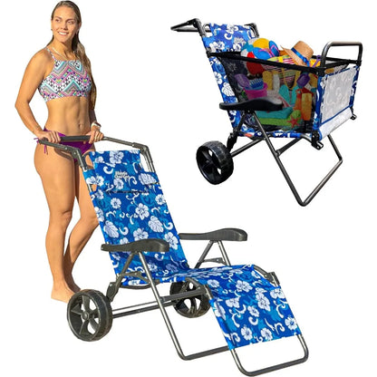 Beach Cart Chair – 2 in 1 Turns from Beach Cart to Beach Chair  Large Wheels  Easy to Use  Large Capacity Blue Striped