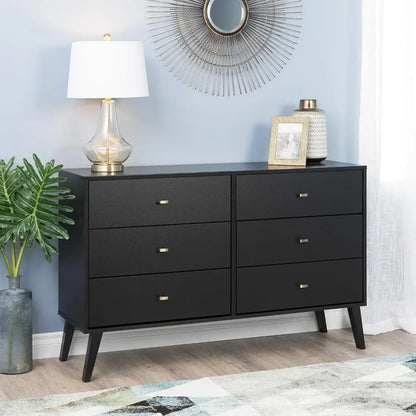 Bedroom Wooden Dresser with 6 Drawers, 16" D X 52.50" W X 33" H, Black