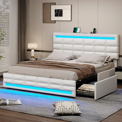 Full Size Bed Frame with 2 USB Charging Station,Faux Leather Full Size Adjustable Headboard & Storage Beds