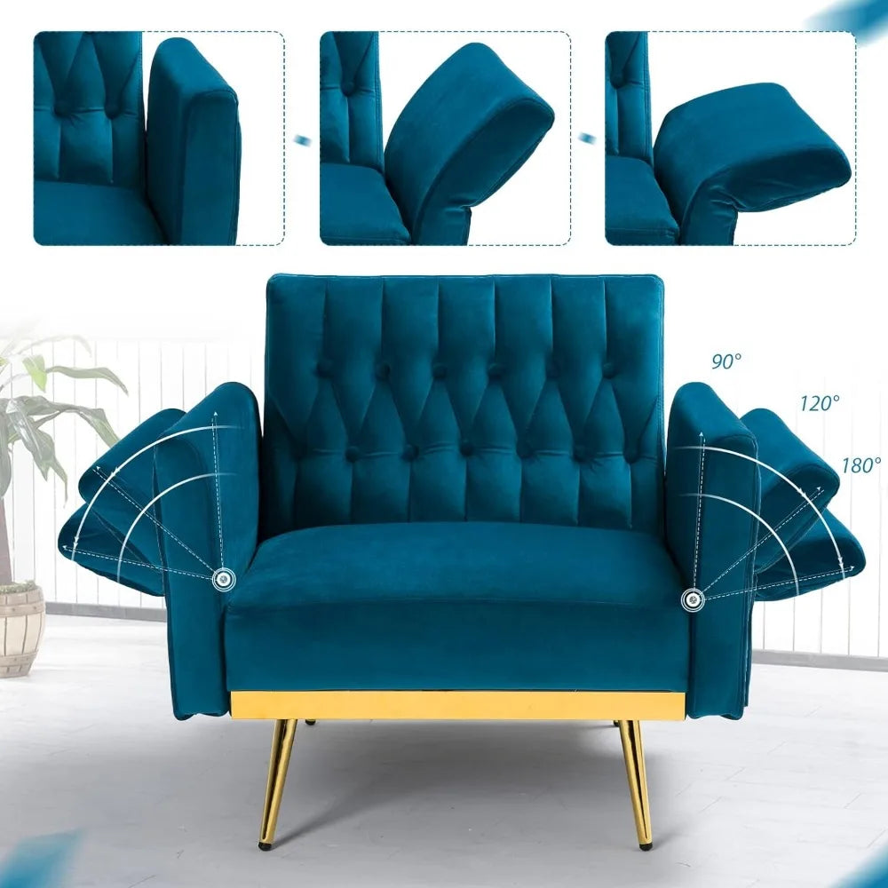 Fauteuil d'appoint en velours avec accoudoirs et dossier réglables, fauteuil de salon capitonné, fauteuil inclinable simple avec pouf et oreiller