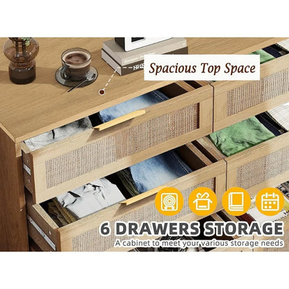 6 Drawer Double Dresser for Bedroom, Wooden Storage Wardrobe Dresser With Gold Handles, Floor Standing Storage Cabinet, Natural