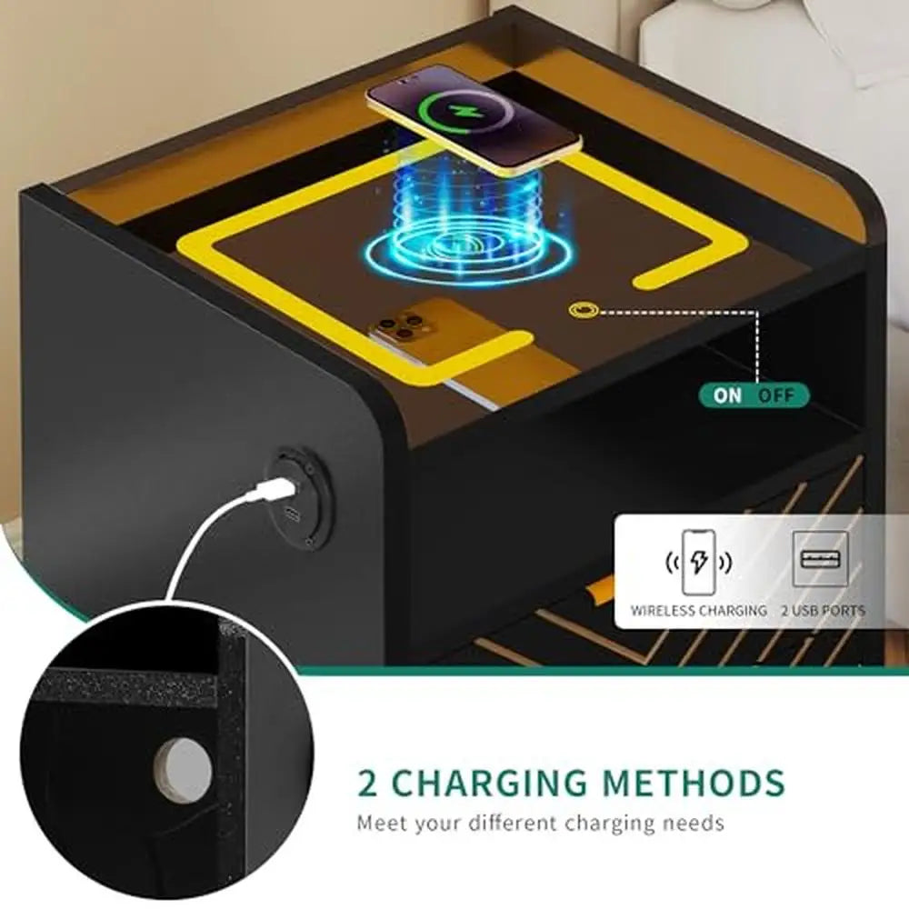 Modern Bedside Table with Wireless Charging USB Ports LED Lights 3 Drawers Black Nightstand