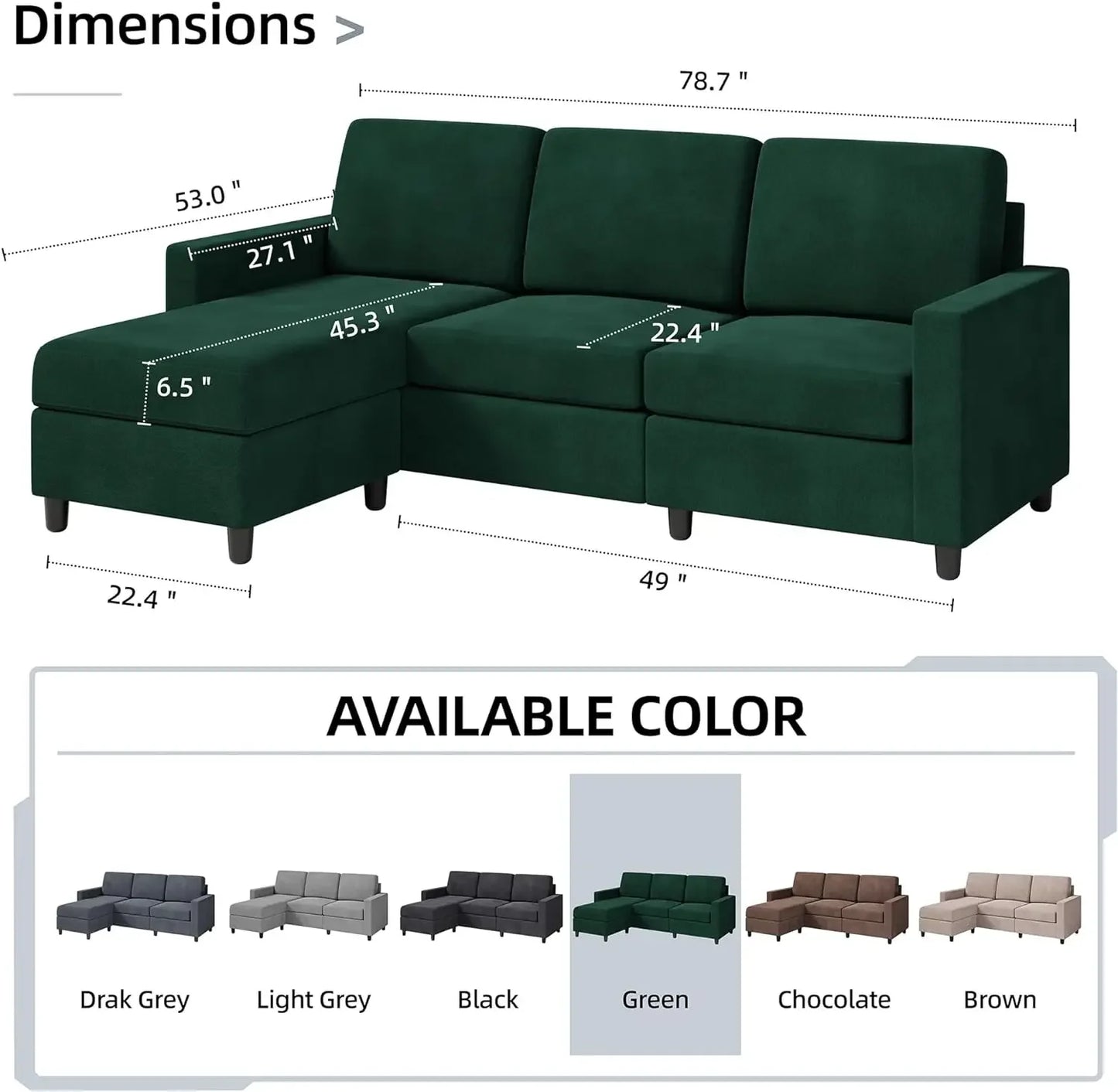 Convertible Sectional Sofa Couch, Modern Linen Fabric L-Shaped , 3-Seat Sofa Sectional with Reversible Chaise for Living Room