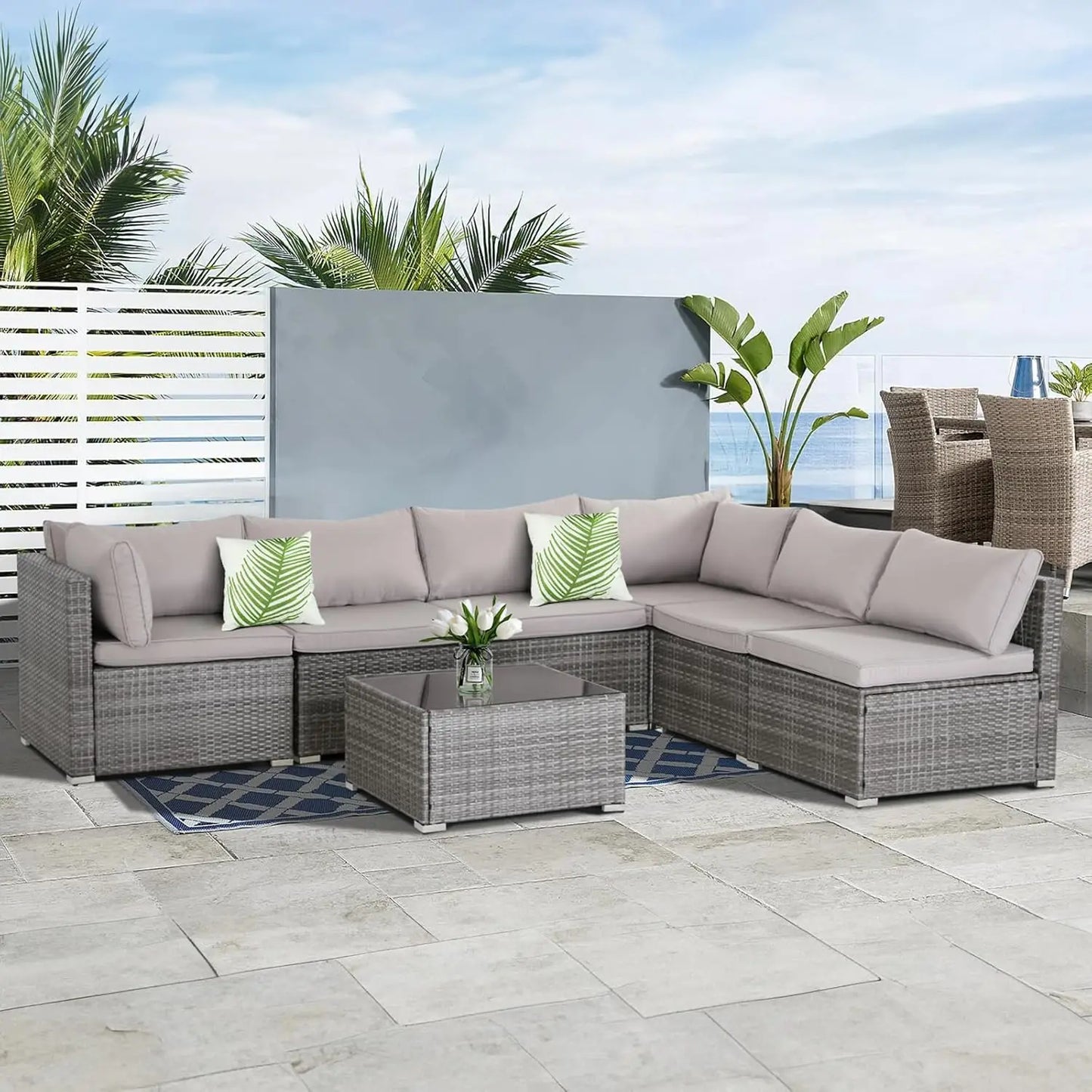 7 Pieces Patio Furniture Set, Modular Patio Set Wicker Outdoor Sectional Sofa Set PE Rattan Wicker Patio 3Pcs