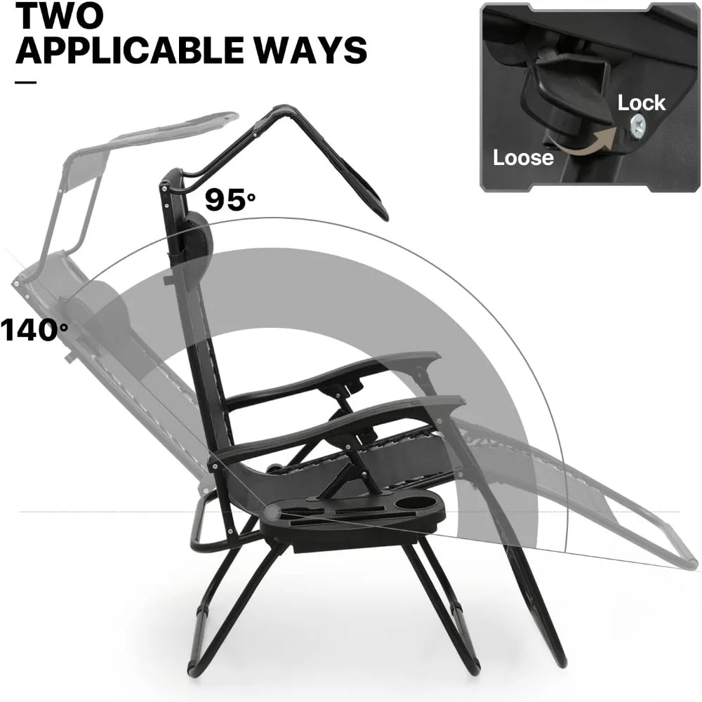 2 PCS Zero Gravity Chairs Folding Outdoor Recliner Patio Beach Lounge Chairs with Canopy Shade, Headrest and Side Tray