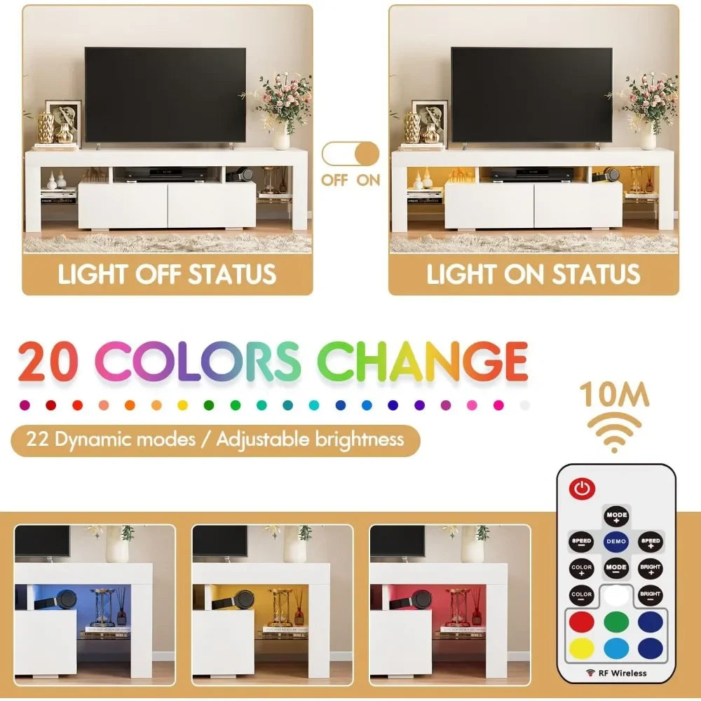 Modern LED TV Stand for Televisions up to 70 Inch with Glass Shelves and Drawer, Gaming Entertainment Center for Living Room