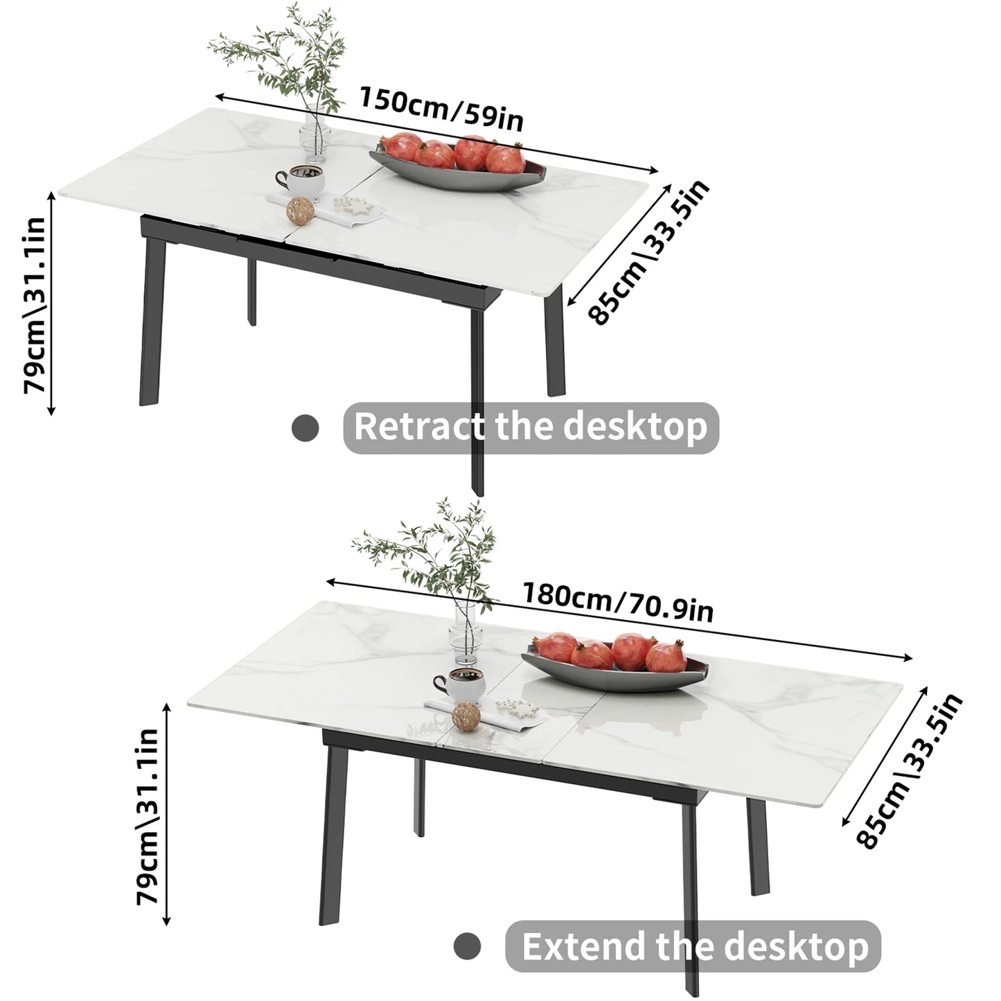 Extensible Dining Table Marble Top and Metal Frame Home Rectangular Kitchen Modern Furniture No Chairs