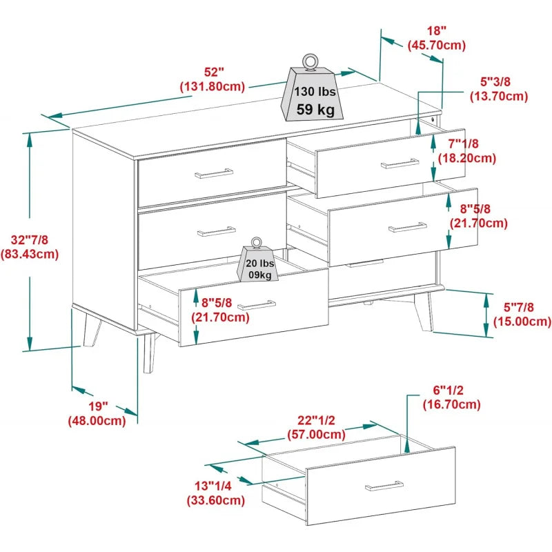 Walker Edison Modern 6-Drawer Dresser Bedroom Storage Organizer, 52 inches, Caramel Handle