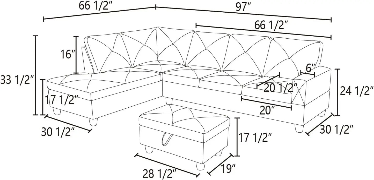 Meubles de salon, ensemble sectionnel 3 pièces comprenant un canapé trois places avec chaise longue et pouf de rangement, canapé en L