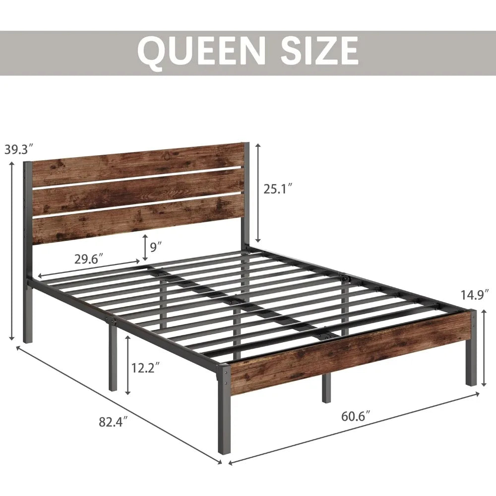 Queen Bed Frame with Headboard and Footboard, with Under Beds Storage, All-Metal Support System,Rustic Brown Queen Bed Frame