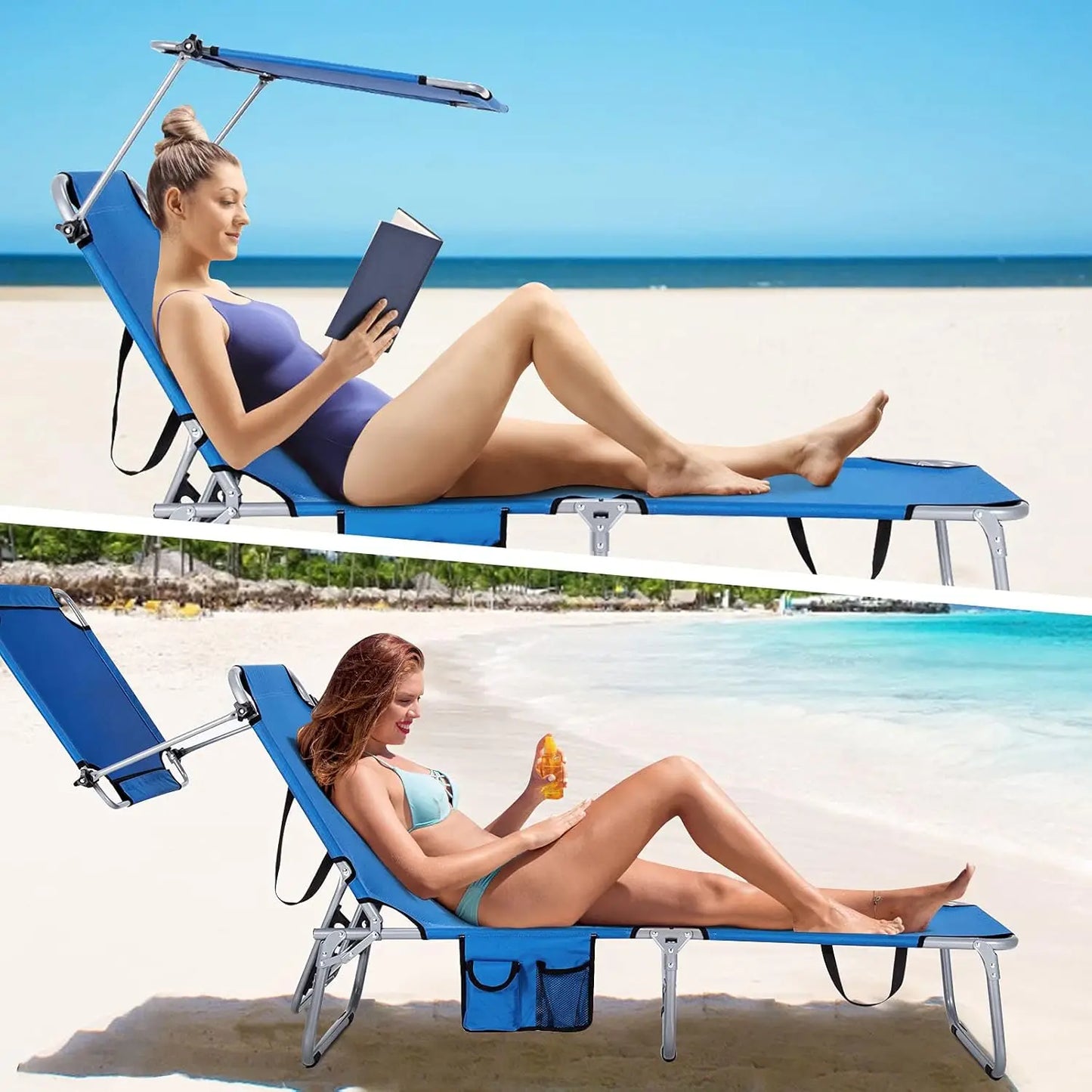 Tanning Chair, Foldable Beach Lounge Chair with 360°Canopy Sun Shade, Side Pocket, 5-Position Adjustable Chaise Lounge Chair