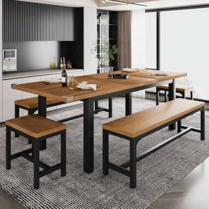 Ensemble de table à manger 5 pièces pour 4 à 8 personnes, ensemble de table de cuisine extensible avec 2 bancs et 2 tabourets carrés