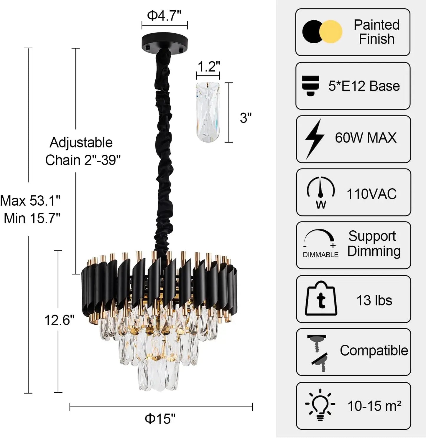 Chandelier Light Fixtures 3-Tier Black Gold Luxury Chandeliers for Dining Room Round Hanging Pendant