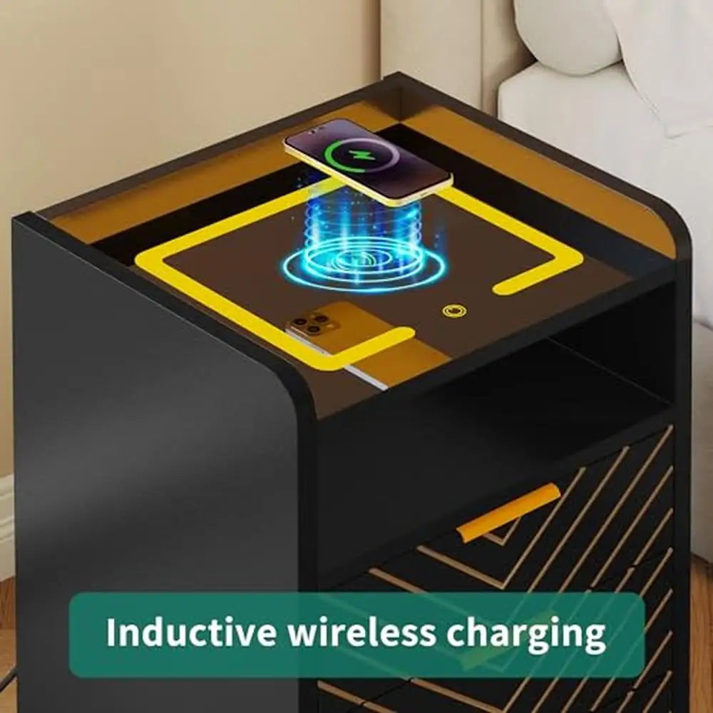 Modern Bedside Table with Wireless Charging USB Ports LED Lights 3 Drawers Black Nightstand