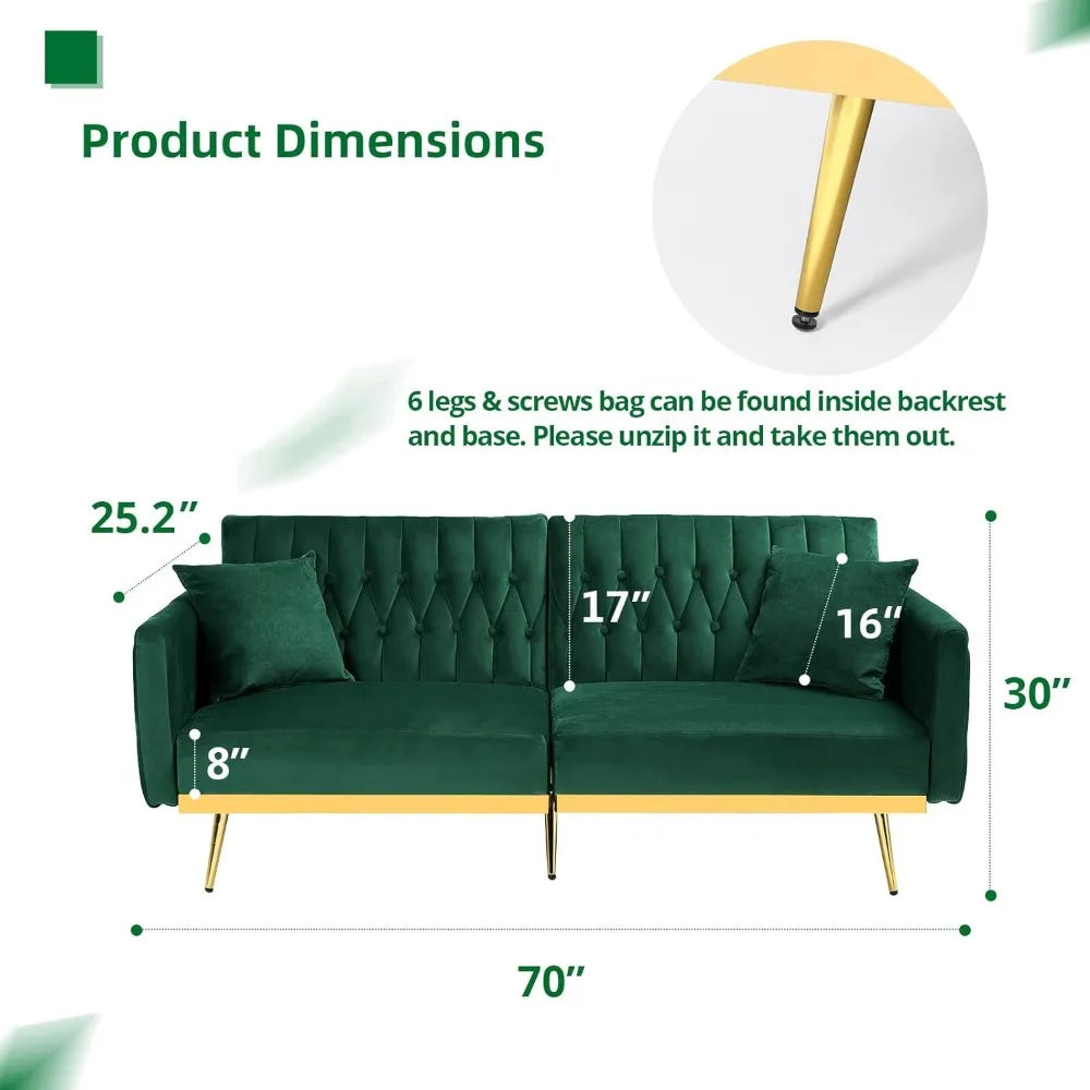 70in Velvet Futon Sofa Bed W/Adjustable Backrests and Armrests, Convertible Futon Couch with Two Pillows, Tufted Sleeper Bed