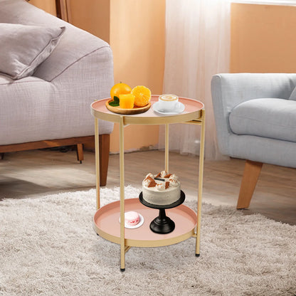 2-Tier End Table Folding Metal Round Side Table with Removable Tray for Living Room (Black/Gold/Golden Pink)