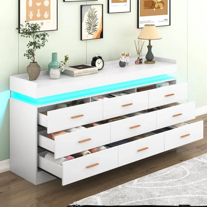 Commode à 9 tiroirs avec lumière LED, commode moderne pour placard, armoire de rangement à tiroirs large pour chambre à coucher, blanc