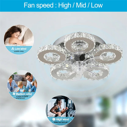 Crystal 5-Ring Fan Light Living Room Ceiling Light Stainless Steel Fixture Fandelier Plafon Fan Lamps Luminaire Led Chandelier