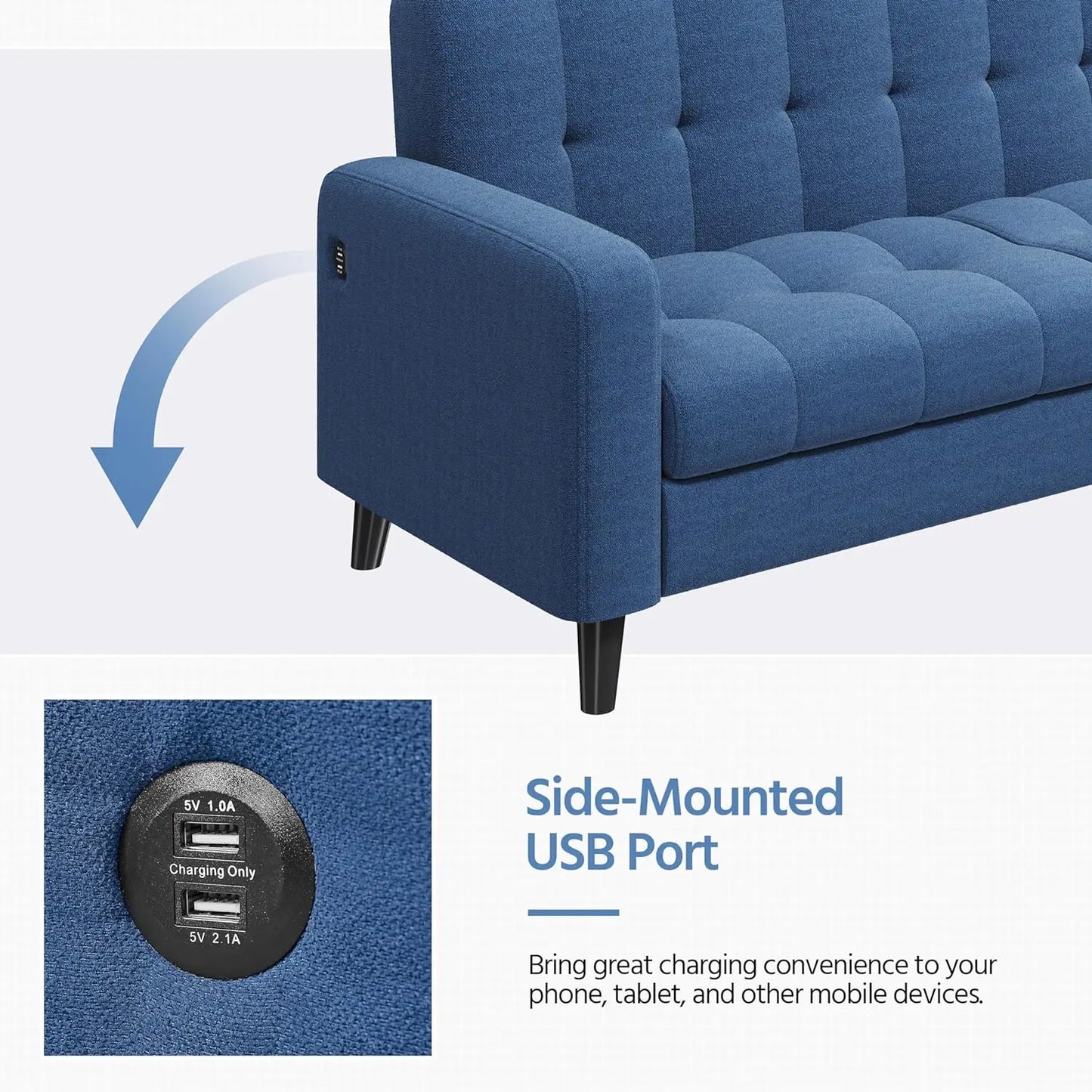 Sofás de tela de 2 plazas con puertos USB, sofá pequeño moderno de 65″ con patas de madera maciza para sala de estar, apartamento, dormitorio, oficina, color azul