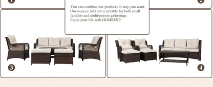 6 Pieces Patio Furniture Set, Wicker Outdoor Patio Conversation Sets, Sectional Rattan Sofa Chairs with Coffee Table