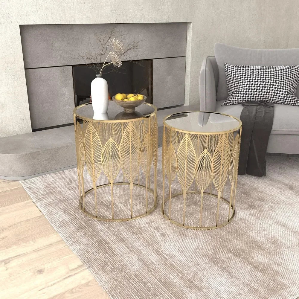 End Tables Set of 2, Gold Nesting Side Coffee Table Decorative Round Nightstands (Stainless Steel Top), Suitable for living room