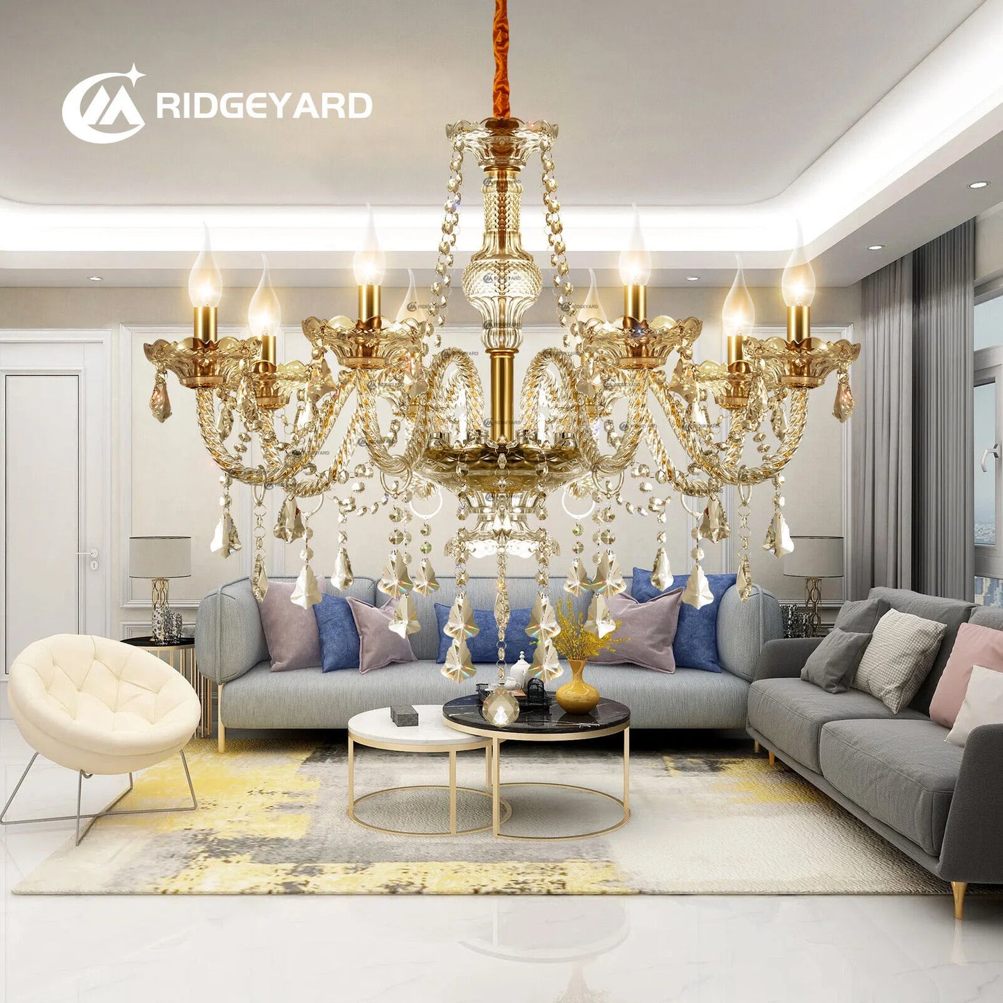 Elegant Glass Crystal Chandelier Ceiling Pendant Lighting Decor 10-Light Golden Hanging Lamp For Living Room Bedroom Room Lobby