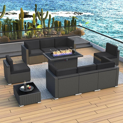 8 Piece Patio Furniture Set with 44" Propane Gas Fire Pit Table, Set Wicker Rattan Sofa Set and Coffee Table Rattan Möbel