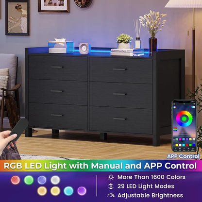 Cómoda para dormitorio, cómoda doble de 6 cajones con luces LED, cómoda de madera, cómoda de almacenamiento moderna para dormitorio, color negro