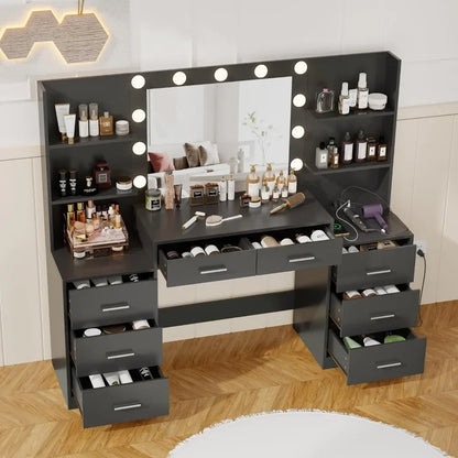 Coiffeuse avec miroir et lumières, avec multiprise, 3 modes d'éclairage, luminosité réglable, grand tiroir et six rangements ouverts