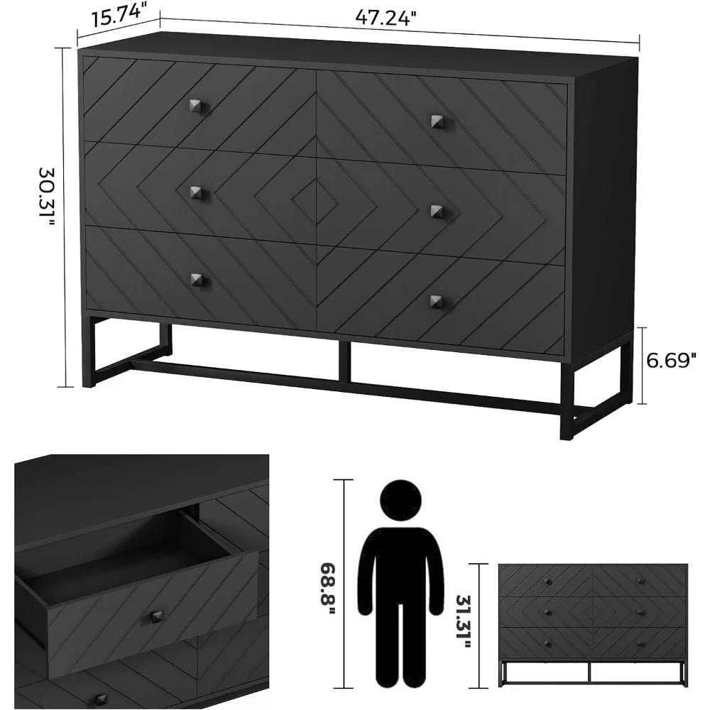 MAISONPEX Dresser for Bedroom with 6 Drawers and Metal Handle,Sturdy Frame Modern Bedroom Furniture, Chest of Drawers, White Dre