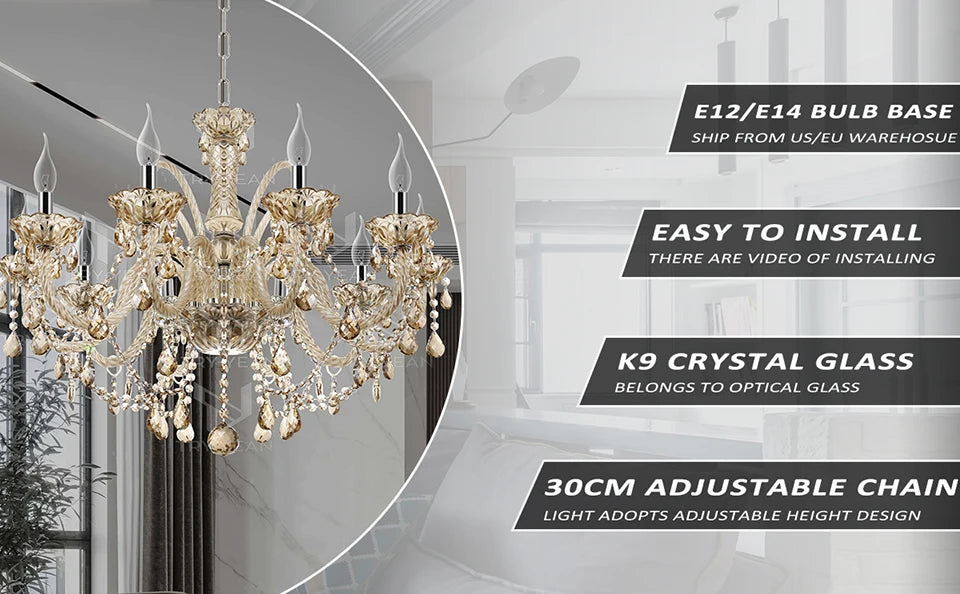 TRY-YEAN Vintage Crystal 10 Arm Cognac Chandelier Classic K9 Crystals Drop Pendant Lighting for Living Room Bedroom Hallway E14