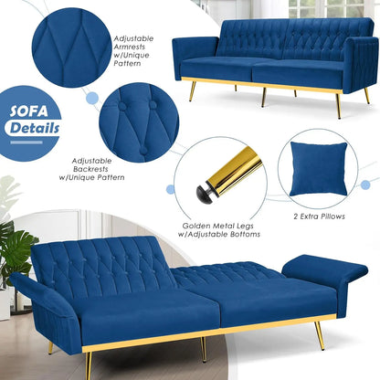 70 Velvet Futon with Adjustable Backrest and Armrests, Sofa Bed with with Extra Pillows for Waiting Room, Living Room and Office