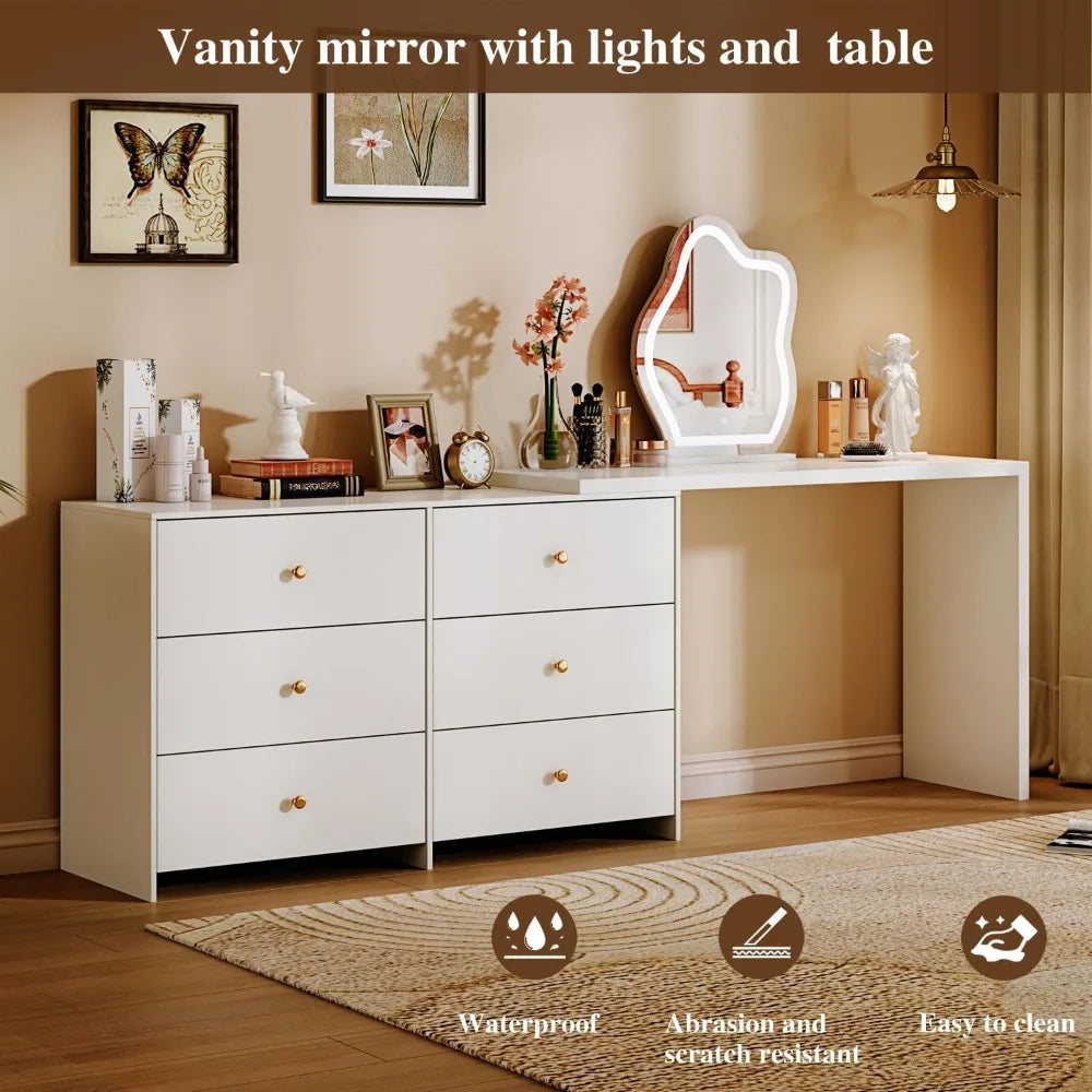 Coiffeuse d'angle blanche moderne avec miroir LED et 6 tiroirs spacieux, meuble de toilette, commode pour chambre à coucher