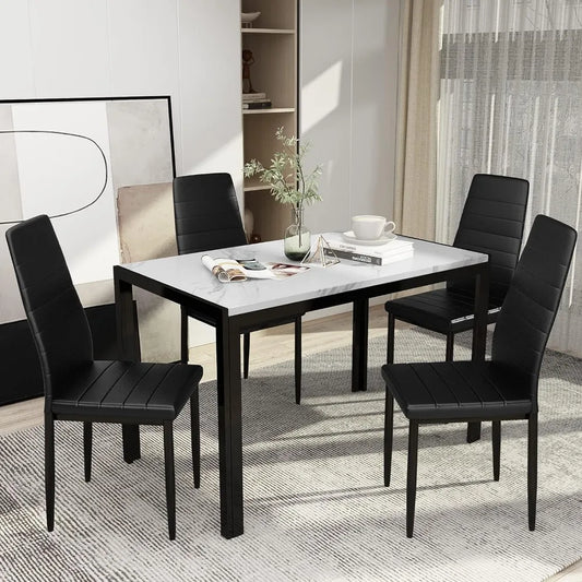 Dining Table Set for 4, Rectangular Faux Marble Tables and 4 PU Leather Chairs, 5 Pieces Kitchen Table Sets, Dining Room Set