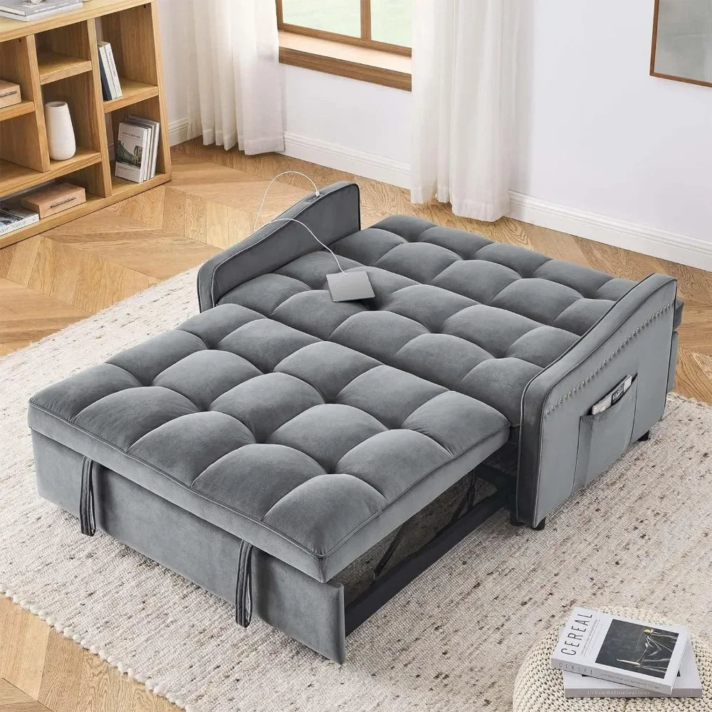 3 in 1 Sleeper Sofa Couch Bed with USB & Type C Port, 52" Small Modern Convertible Tufted Velvet Loveseat Sofa w/Pull Out Bed