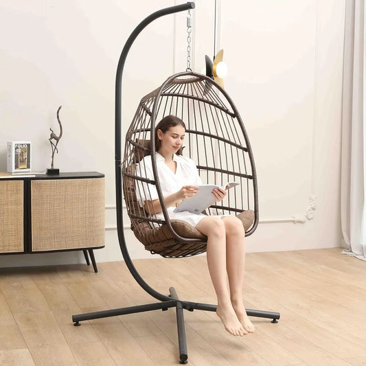 Outdoors Chairwith Stand, Egg Swing Hammock Chair with Stand,  Wicker Egg Chair with Cushion Headrest, Outdoor Egg Chairs