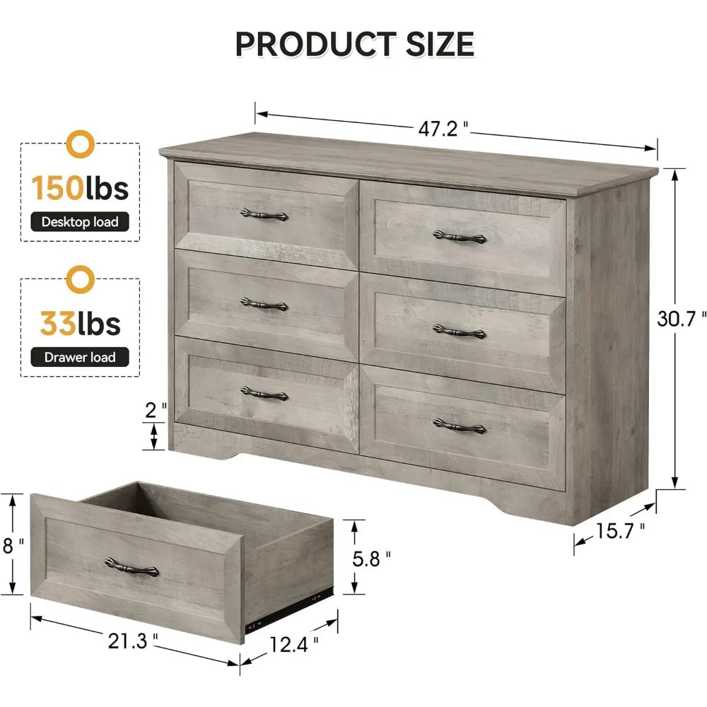 Commode de chambre à coucher, commode à 6 tiroirs avec finition en grain de bois de chêne, convient pour chambre à coucher, placard, salon, bois, gris