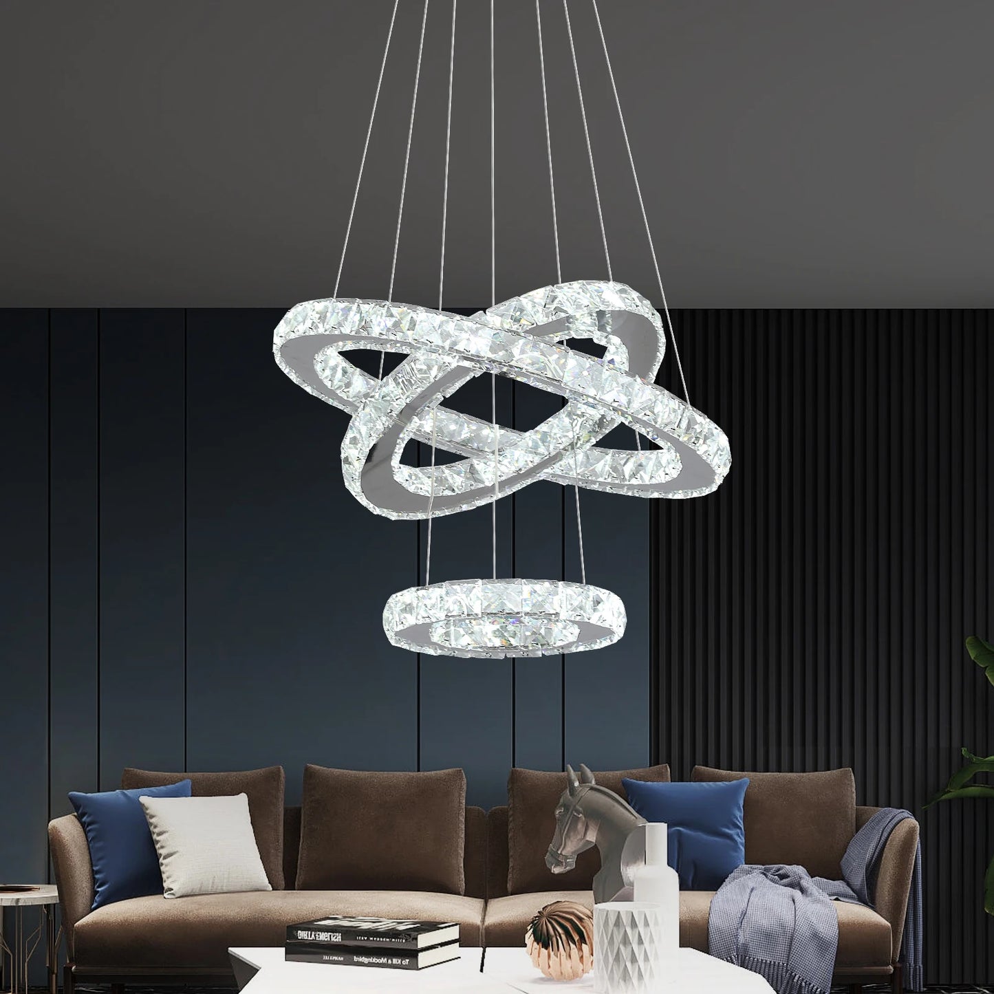 Luxury Crystal Led Chandelier Lamp Home Luminaire Rings Adjustable Pendant Light Fixture With Remote Control Bedroom Living Room