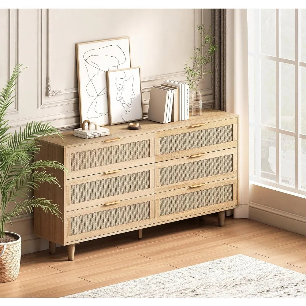 Commode double à 6 tiroirs pour chambre à coucher, armoire de rangement en bois avec poignées dorées, armoire de rangement sur pied, naturelle