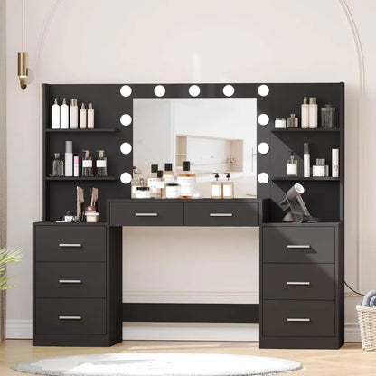 Coiffeuse avec miroir et lumières, avec multiprise, 3 modes d'éclairage, luminosité réglable, grand tiroir et six rangements ouverts