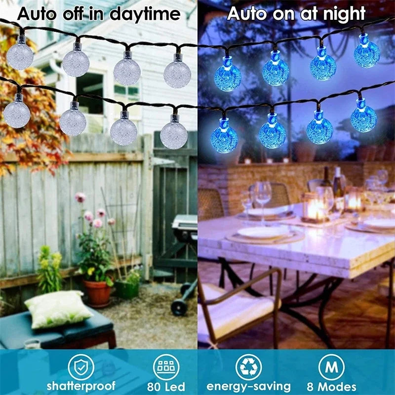 Guirlande lumineuse solaire d'extérieur 200 LED en forme de globe en cristal, guirlande lumineuse solaire étanche pour jardin, décoration de Noël, Ramadan